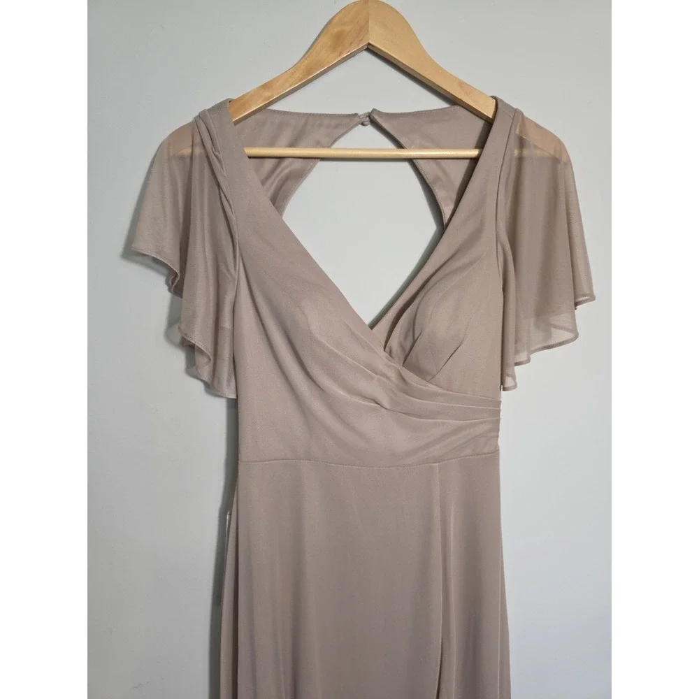 Azazie Indie Taupe Maxi Dress A6 Bridesmaid Formal Flutter Sleeve - Picture 4 of 14